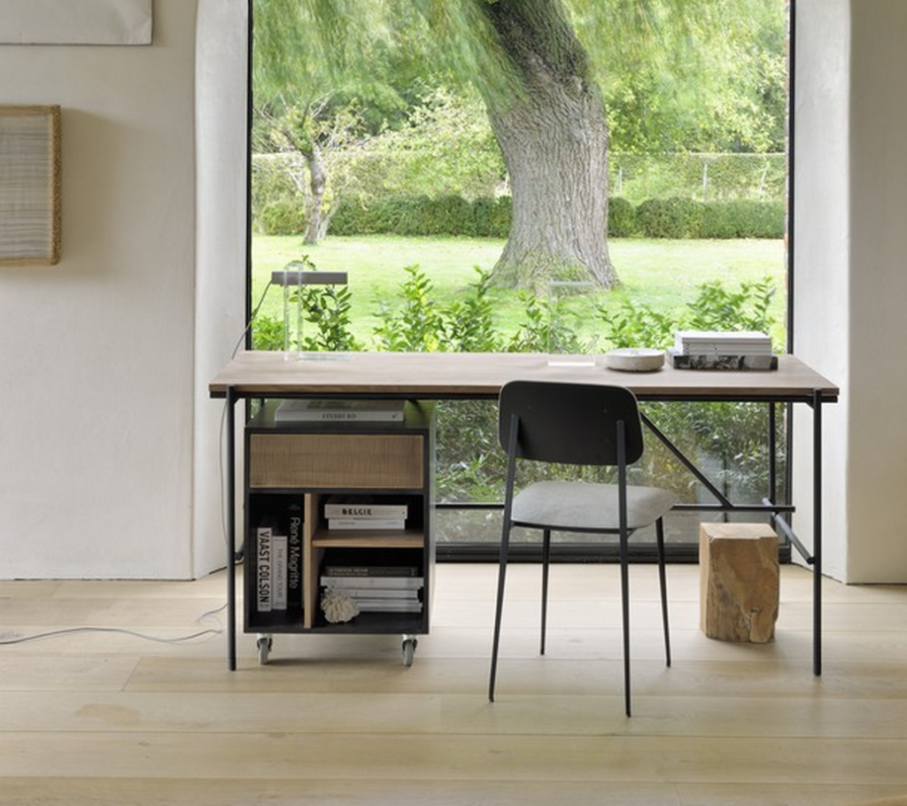 Bureau Ethnicraft Nantes en chêne et pieds métal avec rangement à roulettes