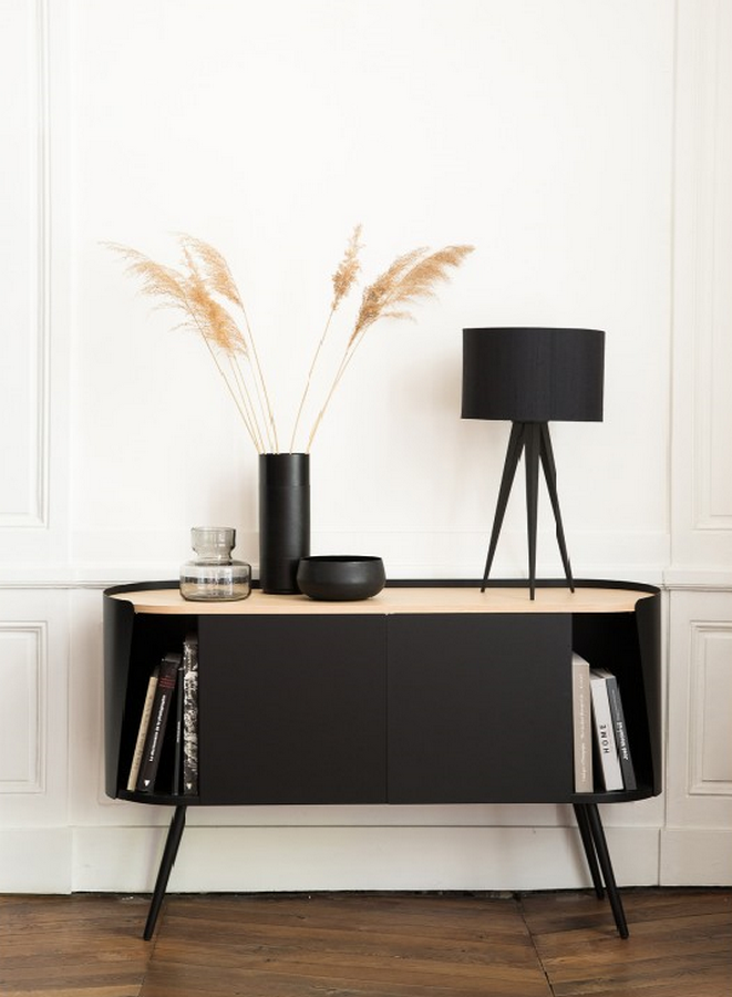 Niche buffet noir avec plateau en chene et structure en metal armand RESISTUB