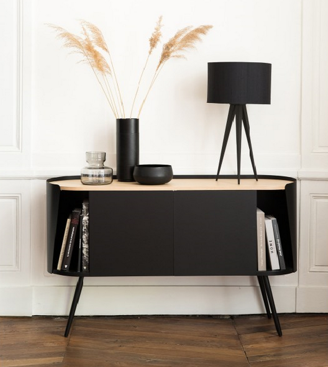 Niche buffet noir avec plateau en chene et structure en metal armand RESISTUB